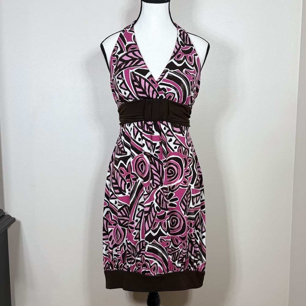 Vtg Y2K Speechless Womens Halter Dress XL  Pink Brown Empire Waist Bubble Hem